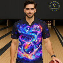 Load image into Gallery viewer, Man wearing a colorful bowling shirt with a galaxy design in a bowling alley.