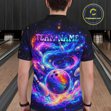 Load image into Gallery viewer, Person wearing a colorful bowling shirt with 'TEAM NAME' text in a bowling alley.
