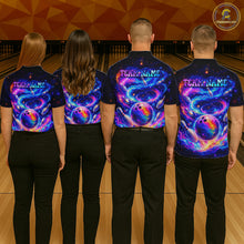 Load image into Gallery viewer, Four people wearing bowling shirts with colorful designs on a bowling alley.
