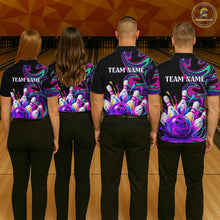 Load image into Gallery viewer, Four people wearing bowling-themed shirts with 'TEAM NAME' text at a bowling alley.
