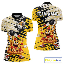 Load image into Gallery viewer, Two view of bowling shirts with a cartoon pizza character and customizable text on a white background. Brand 'Chiptee Amz' visible.