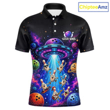 Load image into Gallery viewer, Black polo shirt with colorful alien design and 'Your Name' text, brand 'ChipteeAmz' visible.