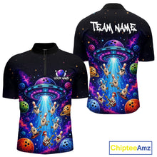 Load image into Gallery viewer, Black cycling jersey with colorful alien and bowling ball design, featuring 'Team Name' text on the back.
