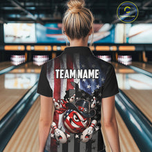 Load image into Gallery viewer, Person wearing a bowling shirt with a team name design in a bowling alley.