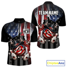 Load image into Gallery viewer, Polo shirt with American flag design and cartoon bowling ball character, customizable text on a white background.