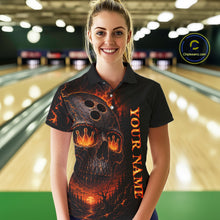 Load image into Gallery viewer, Woman wearing a black bowling shirt with a fiery design and 'Your Name' text in a bowling alley.