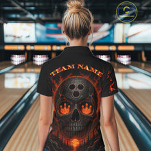 Load image into Gallery viewer, Person wearing a black bowling shirt with a skull design and 'Team Name' text in a bowling alley.