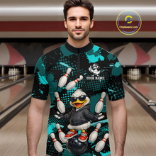 Load image into Gallery viewer, Custom Turquoise Funny Duck Bowling Shirt for Men Bowling Jersey Polo &amp; 1/4 Zip Bowling Outfit QZT943