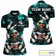 Load image into Gallery viewer, Custom Turquoise Funny Duck Bowling Shirt for Women Bowling Jersey Polo &amp; 1/4 Zip Bowling Outfit QZT943