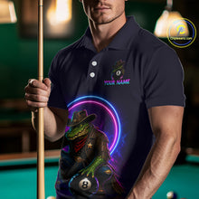 Load image into Gallery viewer, Man holding a pool cue wearing a navy blue polo shirt with a colorful graphic design.