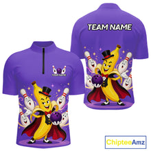 Load image into Gallery viewer, Purple bowling jersey with cartoon banana character and bowling pins on a white background