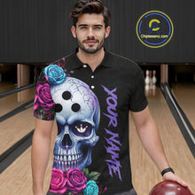 Load image into Gallery viewer, Man wearing a black polo shirt with a skull and floral design in a bowling alley.