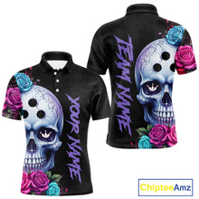 Load image into Gallery viewer, Black polo shirt with skull and floral design on front and back, customizable text.