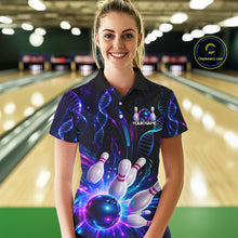 Load image into Gallery viewer, Woman wearing custom Neon DNA  bowling polo shirt, front view mockup, personalized bowling league jersey.