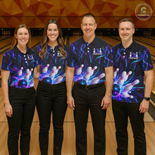 Load image into Gallery viewer, Bowling team wearing custom Neon DNA bowling shirts, group front view mockup with team name design.