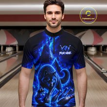 Load image into Gallery viewer, Man wearing a blue wolf design shirt in a bowling alley.