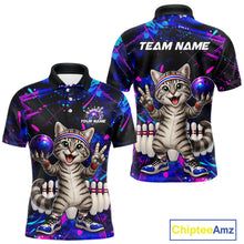 Load image into Gallery viewer, Bowling-themed shirt with a cat design and customizable text on a white background