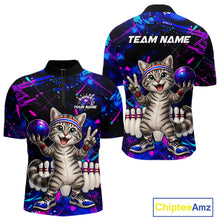 Load image into Gallery viewer, Colorful bowling shirt with a cartoon cat design and 'Team Name' text on a white background.