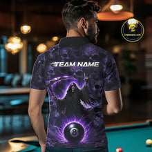 Load image into Gallery viewer, Man wearing a custom polo shirt with a purple design and 'Team Name' text in a bar setting.