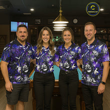 Load image into Gallery viewer, Four people wearing matching purple bowling shirts in a bowling alley.