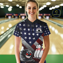 Load image into Gallery viewer, Custom American Flag Funny Bowling Team Shirt for Women Polo &amp; Quarter-Zip Bowling Jersey Blue Red White QZT928