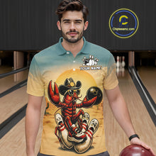 Load image into Gallery viewer, Man wearing a polo shirt with a crawfish design in a bowling alley