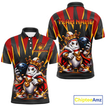 Load image into Gallery viewer, Customizable polo shirt with a cartoon king design and space for team name and logo on a white background.