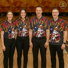 Load image into Gallery viewer, Four people wearing matching bowling shirts with a cartoon character design on a bowling alley.
