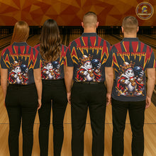 Load image into Gallery viewer, Four people wearing matching bowling shirts with a team logo on a bowling alley.