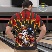 Load image into Gallery viewer, Man wearing a bowling-themed shirt with 'Team Name' on a bowling alley background