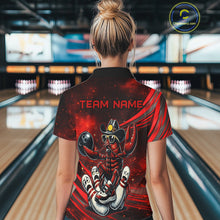 Load image into Gallery viewer, Person wearing a red and black shirt with a crawfish design and 'TEAM NAME' text in a bowling alley.