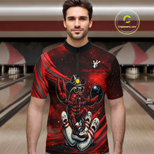 Load image into Gallery viewer, Man wearing a red and black bowling shirt with a design in a bowling alley.