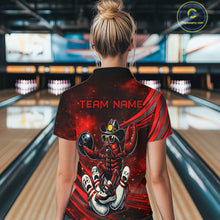 Load image into Gallery viewer, Person wearing a red and black shirt with a crawfish design and 'TEAM NAME' text in a bowling alley.