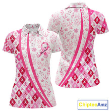 Load image into Gallery viewer, Pink Plaid Womens Golf Polo Shirt Custom Pink Ribbon Breast Cancer Awareness Team Golf Tops NHN0164