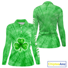 Load image into Gallery viewer, Green Tie Dye Womens Long Sleeve Golf Polo Shirt Custom Name Green Clover St Patrick Day Golf Tops NHN0168
