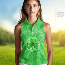 Load image into Gallery viewer, Green Tie Dye Womens Sleeveless Golf Polo Shirt Custom Name Green Clover St Patrick Day Golf Tops NHN0168