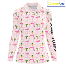 Load image into Gallery viewer, Tropical Pink Flamingo Pattern Womens Long Sleeve Golf Polo Shirts Custom Funny Team Ladies Golf Tops NHN0184