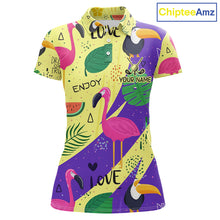 Load image into Gallery viewer, Funny Womens Golf Polo Shirt Custom Tropical Summer Pattern, Flamingo Golf Shirts For Ladies NHN0195