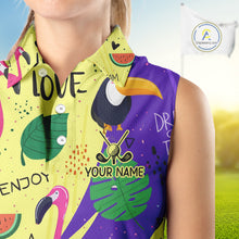Load image into Gallery viewer, Funny Womens Sleeveless Golf Polo Shirt Custom Tropical Summer Pattern, Flamingo Golf Shirt For Ladies NHN0195