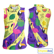 Load image into Gallery viewer, Funny Womens Sleeveless Golf Polo Shirt Custom Tropical Summer Pattern, Flamingo Golf Shirt For Ladies NHN0195