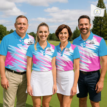 Load image into Gallery viewer, Mens Golf Polo Shirt Custom Blue And Pink Golf Shirt, White Team Golf Shirts Personalized  NHN0076