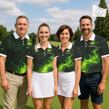 Load image into Gallery viewer, Mens Golf Polo Shirt Neon Green Flame Golf Ball Custom Green Clover St Patricks Day Golf Shirts NHN0223
