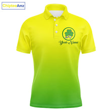 Load image into Gallery viewer, Neon Green Mens Golf Polo Shirt Custom Name Green Clover St Patrick Day Golf Shirts For Men NHN0206