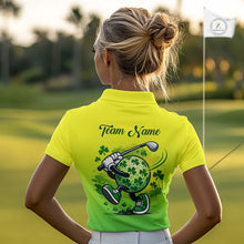 Load image into Gallery viewer, Neon Green Womens Golf Polo Shirt Custom Name Green Clover St Patrick Day Golf Shirts, Golfer Gift NHN0206