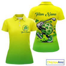 Load image into Gallery viewer, Neon Green Womens Golf Polo Shirt Custom Name Green Clover St Patrick Day Golf Shirts, Golfer Gift NHN0206