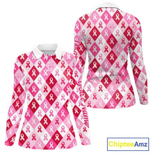 Load image into Gallery viewer, Plaid Womens Long Sleeve Golf Polo Shirt Custom Pink Ribbon Breast Cancer Awareness Team Golf Tops NHN0165