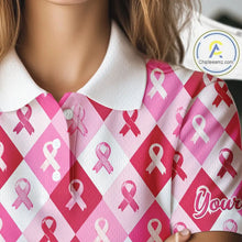 Load image into Gallery viewer, Pink Plaid Womens Golf Polo Shirt Custom Pink Ribbon Breast Cancer Awareness Team Golf Tops NHN0165