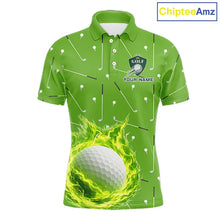 Load image into Gallery viewer, Mens Golf Polo Shirt Custom Green And White Golf Ball Flame Team Golf Shirts, Golf Tops For Men NHN0179
