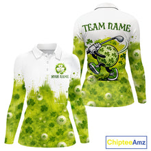 Load image into Gallery viewer, Womens Long Sleeve Golf Polo Shirt Custom Funny Green Clover St Patricks Day Plaid Pattern Golf Tops NHN0161