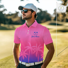 Load image into Gallery viewer, Mens Golf Polo Shirt Custom Pink Blue Palm Pattern Team Golf Tops For Men, Summer Golf Gifts NHN0172